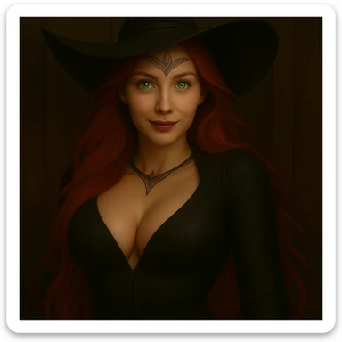 Edit the witch queen to have a natural, subtle red lip color that does not look like lipstick. Relax her eyes to be large but more almond-shaped, and make her smize (smiling with her eyes). Keep her other features the same: long bright red hair, bright green eyes with a subtle glow, larger breasts, and the silver crown-like tattoo on her forehead. sticker