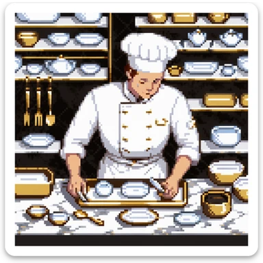 Ein eleganter Bäcker in weißer Uniform, arbeitet auf einer Marmorplatte mit Porzellanformen und goldverzierten Utensilien. Die Umgebung erinnert an eine klassische französische Patisserie. Interface wirkt wie graviertes Porzellan mit filigranen Mustern.
 sticker