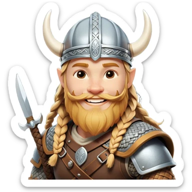 Clash of Clans aesthetic: Cinematic Cheerful Viking Portrait Emoji, With a bright, confident smile and a relaxed, adventurous stance, showcasing a stylized, spirited build with a classic Viking helmet and braided hair, his natural skin tone lending authenticity, Simplified yet expressive features, highly detailed, glowing with a soft, golden Nordic radiance, high shine, upbeat and courageous, stylized with an air of classic Viking heroism, soft glowing outline, capturing the essence of a cheerful Viking ready to embark on legendary quests! sticker