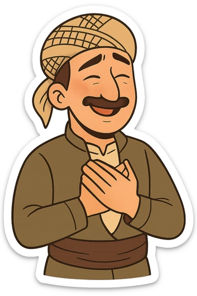 Kurdish man or woman in jamadani, cartoon style, feeling grateful, hands on chest, warm smile, no text sticker