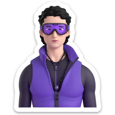 male athlete with white skin and moderately curly black hair on top with shaved sides, wearing ski goggles with purple frames and very dark black lenses, a simple plain black chain necklace, and a completely unzipped/wide open shiny purple vest fully revealing his chest and abs, no earrings sticker
