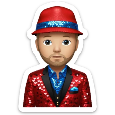 Fred Durst with sequin cream suit jacket with black shirt, red sequin hat, blue eyes, dark blonde hair sticker