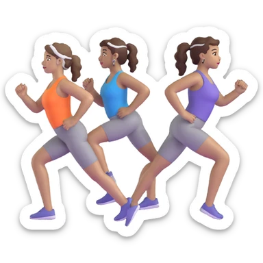three women friends exercising together, one black woman with curly brown hair, one pale white woman with curly brown hair, and one white woman with straight brown hair in a ponytail positioned on the right sticker