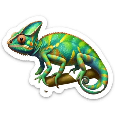 Giant chameleon on a branch, blending with vibrant greenery. Detailed scales in shifting colors, showing the chameleon’s ability to camouflage. Soft natural light highlights its texture. Nature background with leafs aтв адщцукы. Lush jungle background with vivid foliage, transparent background. sticker