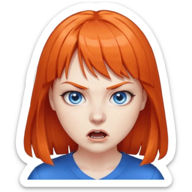 A woman with dark orange hair and bangs, blue eyes, an asmr streamer, angry, sticker