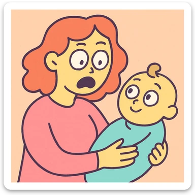 a mother looking at her child with shocked eyes, soft pastel tones, gentle style sticker