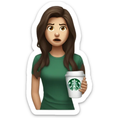 upset angry stressed anxious brunette girl holding starbucks sticker