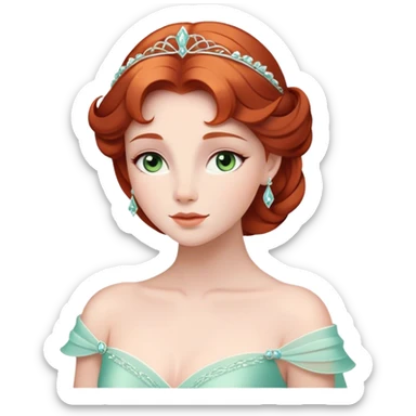 Cinematic Timeless Sleeping Beauty Portrait Emoji, rendered in a clean, vector style. Depict Aurora with delicate porcelain skin, elegantly arranged auburn hair, and a serene, graceful expression, dressed in her iconic gown. The design features bold, simplified shapes, a soft, enchanting glow, and a subtle glowing outline, capturing her timeless, fairy-tale beauty. sticker