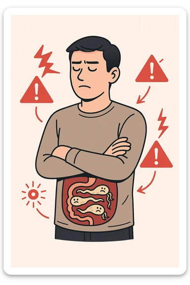 uomo che ignora i suoi un mal di testa, mal di schiena e dolore articolare e ignora ogni segnale e messaggio che il corpo manda per avvertirlo, ma alla fine dipendono tutto dai parassiti intestinali  sticker