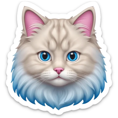 Fluffy Siberian cat face emoji, white and grey long hair, bright blue eyes, pink nose, friendly expression, 3D vector style, isolated on white background. sticker