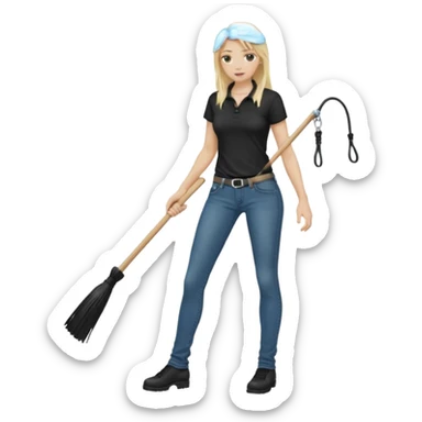 Bdsm male dominant wearing jeans black T-shirt and holding a flogger watching from outside blonde long hair sub with a collar showering with suds all over her sticker