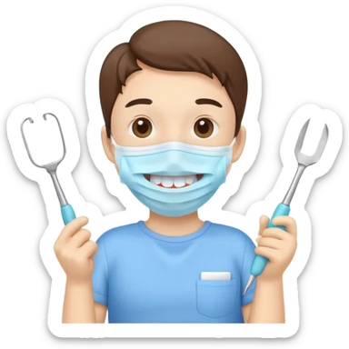 Cute tooth character wearing a face mask, holding dental tools, friendly and clean emoji style, flat illustration, simple design, white background. Diente animado no person sticker