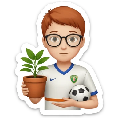 young boy wearing glasses, wearing soccer uniform, holding a plant pot sticker