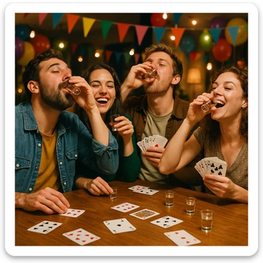 a group of people drinking shots and playing a card game, lively atmosphere, festive party vibe sticker