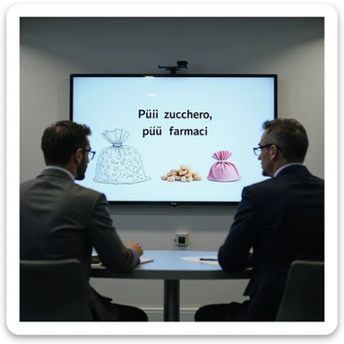 corporate meeting in a pharmaceutical company: managers discussing in front of a whiteboard with drawings of sweets and pills, Italian slogan 'Più zucchero, più farmaci', cynical atmosphere, photographic style, 4K quality sticker