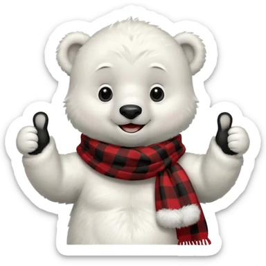 baby Polar Bear, smiling, thumbs up, wearing red Checkered Triangle scarf sticker