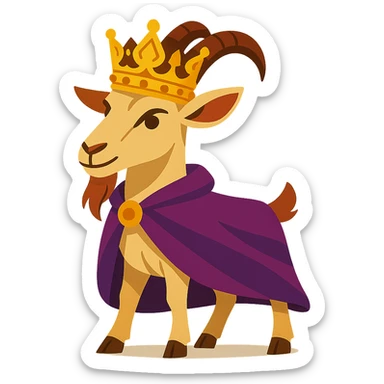 stylized goat with detailed gold crown and rich purple cape, standing confidently, vibrant illustration style sticker