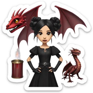 surprised Lavish Victorian black evening gown with gloves, Jenna Ortega as Addams girl Jedi wearing a steampunk mini tiara, very large blood red evil-looking horned dragon sticker