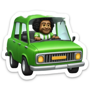 realistic portrait of bearded man Oompa, Loompa, puffing, big clouds while riding in a green Lowrider sticker