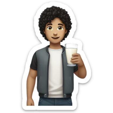 A pasty white teenage boy with dark black curly hair holding a wineglass of milk sticker