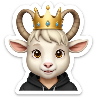 Goat with horns wearing black hoodie and a royal crown love sticker