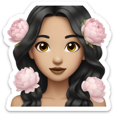 Beautiful Asian with long black hair and with white and pink peonies bouquet in hand  sticker
