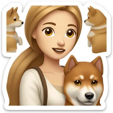 beautiful woman, straight long light brown hair, brown eyes with Shiba Inu sticker