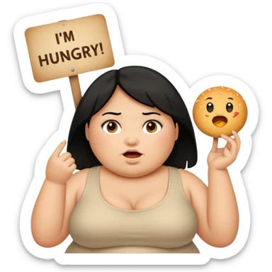 Una señora gorda con cabello negro y p olo corto con un letrero de tengo hambre sticker