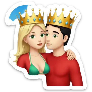 Blonde Queen with crownGreen eyes in Bikini kissing Male subject without crown black hair blue eyes Background sky sticker