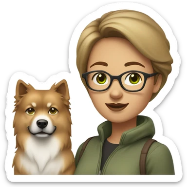 Brown light hair woman aux Green eyes with glasses Green eyes and White eurasier dog  sticker
