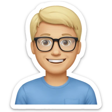 portrait of adult man no old man, wearing a t-shirt, square glasses, grinning face, blond hair sticker