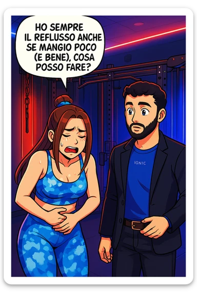 TRASFORMA QUESTO CAROSELLO IN UN FUMETTO STILE WEBTOON/MANGA A COLORI CON QUESTE DUE PERSONE IDENTICHE CHE INTERLOQUISCONO TRA LORO, LA DONNA è DISPERATA CON LE MANI sulla pania perché soffre di reflusso E STA DOMANDANDO TUTTA AGITATA UNA COSA ALL'UOMO:

LEI (DONNA): Ho sempre il reflusso anche se mangio poco (e bene), cosa posso fare?
 sticker