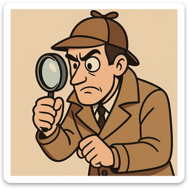 an investigator wearing a coat, examining something closely with a loupe, detective style, cartoon style, classic detective look sticker