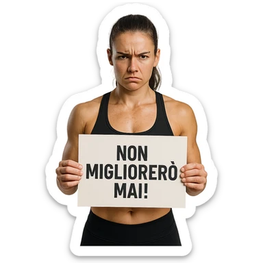 DONNA FITNESS CHE TIENE UN CARTELLO IN MANO CON LA SCRITTA "NON MIGLIORERò MAI!", iperrealistico 4k sticker
