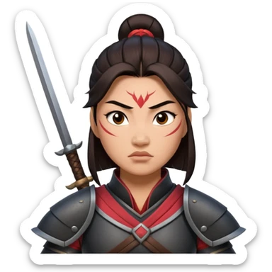 mean looking Hun warrior inspired by Mulan, fierce expression, dark armor, intimidating stance sticker
