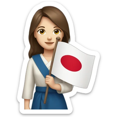 Girl with brown hair and blue eyes holding the flag of Japan sticker