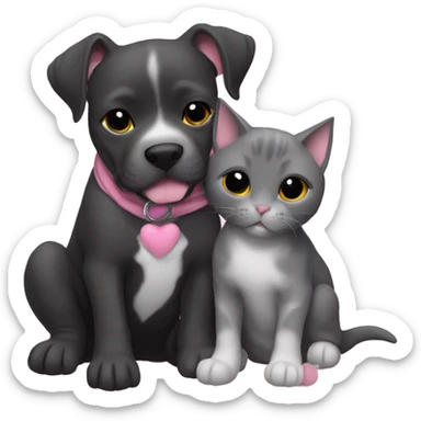 Grey pitbull puppy and black cat cuddling with pink hearts  sticker