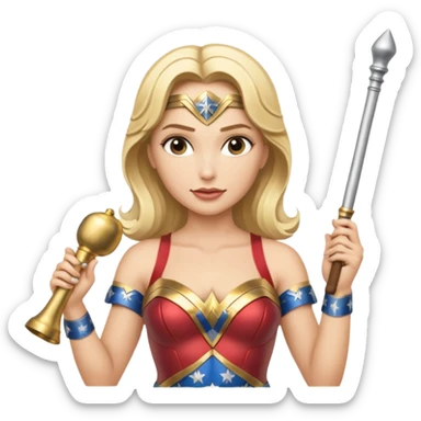 Blonde Wonder Woman holding short white orchestra conductor’s baton and bell sticker