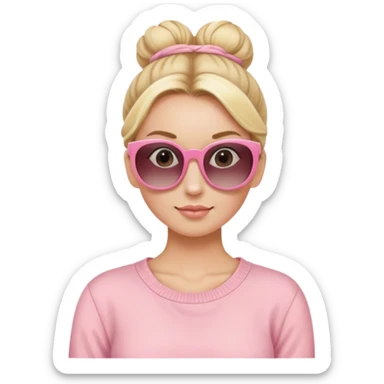 Blonde lady with her hair in a bun working with soft pink clothes and sun glasses sticker