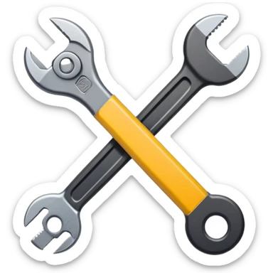 A flat-style illustration of a crossed pencil and wrench icon. Clean, minimal, black icon on white background, cartoon style, iOS emoji aesthetic. sticker