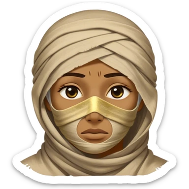 Regal and timeless, fully wrapped in meticulously aged bandages, even its face veiled in layers of ancient cloth with only faint glimpses of deep, solemn eyes peering through, adorned with faded gold accents, exuding an air of forgotten majesty and solemn duty, highly detailed, softly glowing, evoking the dignified mystery of an eternal guardian watching over lost secrets! sticker