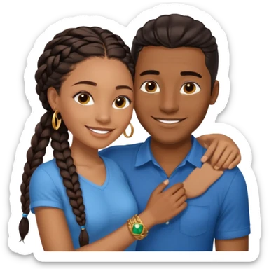 smiling embracing interracial couple. dark ebony woman with long braided hair and jewelry. brazillian man short hair wearing blue. sticker