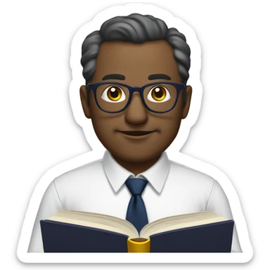 A mid aged man with specs white shirt and  navy blue tie reading a  book in hand sticker