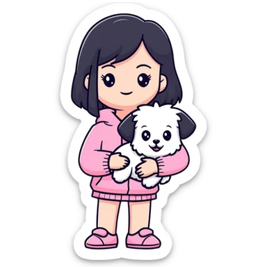 Beautiful girl with long straight black hair, fair skin, wearing pink clothes, holding a pure white fluffy Maltese dog sticker