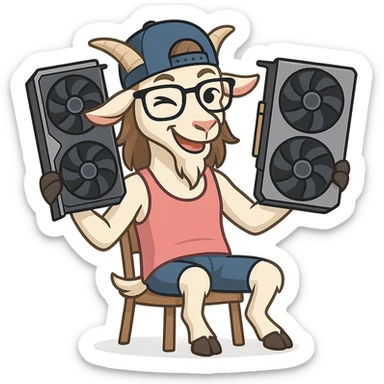 goat for Telegram stickers inspired by reference https://attic.sh/feoducyurkpqwz0la088soao98sx: wearing a cap, glasses, mullet hairstyle, pink drunkard tank top, sitting on a chair, holding a large video card in each hand at shoulder level, winking, pose like in the photo, clean lines, soft gradients. transparent background sticker