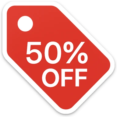 sleek '50% OFF' tag with red background and white text, minimal and professional sticker