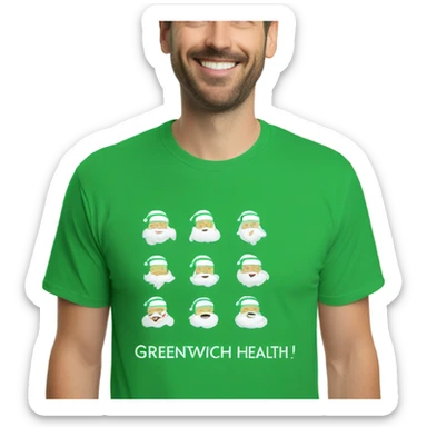 Santa wearing green t shirt. T s-shirt has words ‘Greenwich Health’ written in white letters  sticker