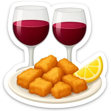 Replace the food with 'cazón en adobo' (marinated fried dogfish), a typical tapa from southern Spain, served with a drink, in emoji style with transparent background. sticker