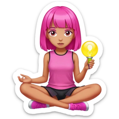 tanned girl with hot pink hair with blunt bangs sitting on the ground with a glowing object in her hand sticker
