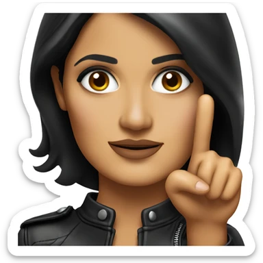 Salma Hayek wearing leather jacket, pointing forward with her pointer finger sticker